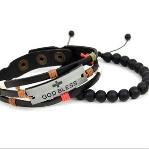 Men’s  Leather Stone God Bless Bracelet Set